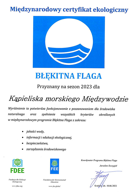 Certyfikaty „Błękitnej Flagi” dla kąpielisk Gminy Dziwnów