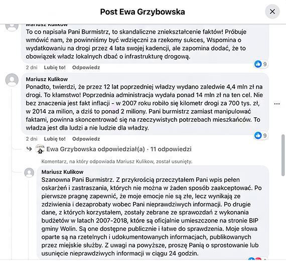 Burmistrz Ewa Grzybowska mija się z prawdą i straszy mieszkańca sądem