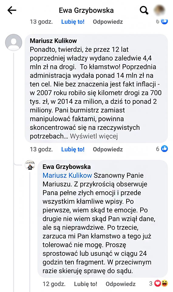Burmistrz Ewa Grzybowska mija się z prawdą i straszy mieszkańca sądem