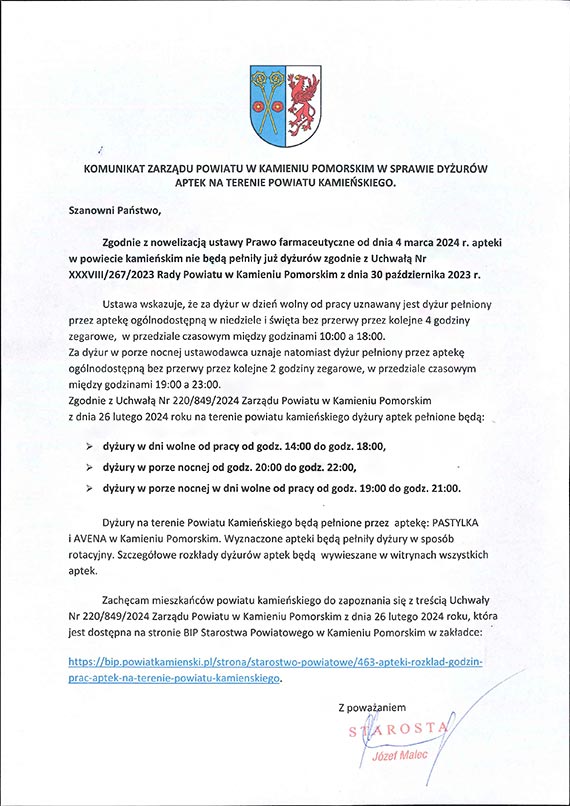 Dyżury aptek na terenie Powiatu Kamieńskiego
