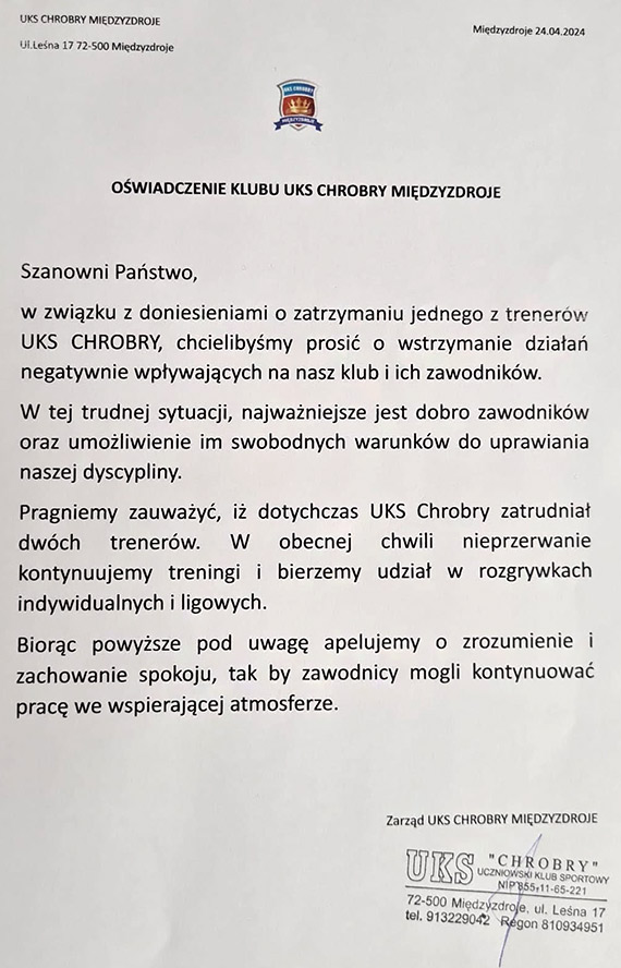 UKS Chrobry Midzyzdroje wydaje owiadczenie w zwizku z zatrzymaniem trenera