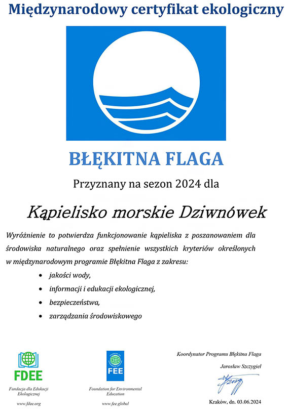 Certyfikaty „Błękitnej Flagi” dla kąpielisk Gminy Dziwnów