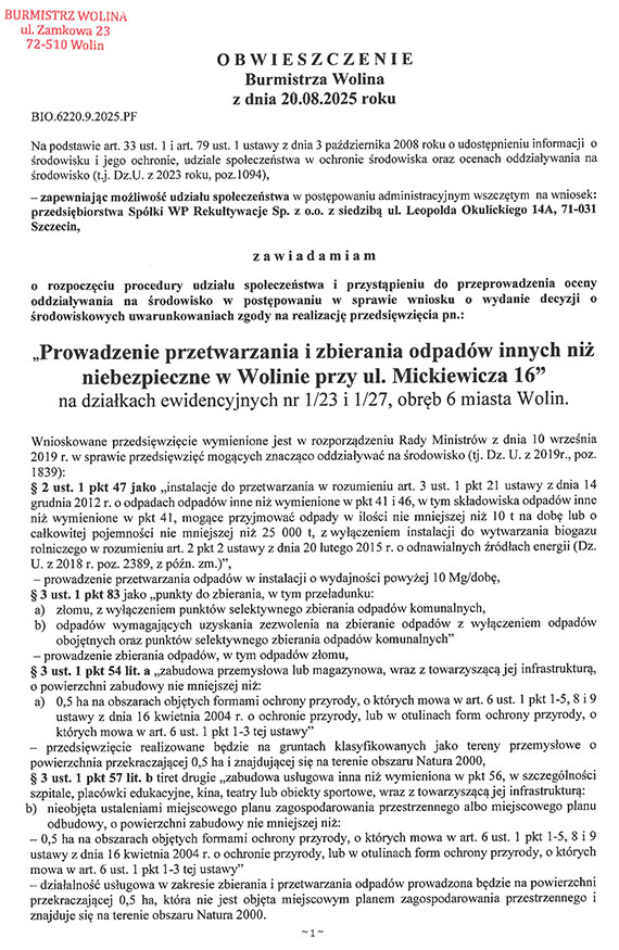 Zostay tylko cztery dni! Wolin moe zyska instalacj do przetwarzania odpadw – mieszkacy musz dziaa teraz