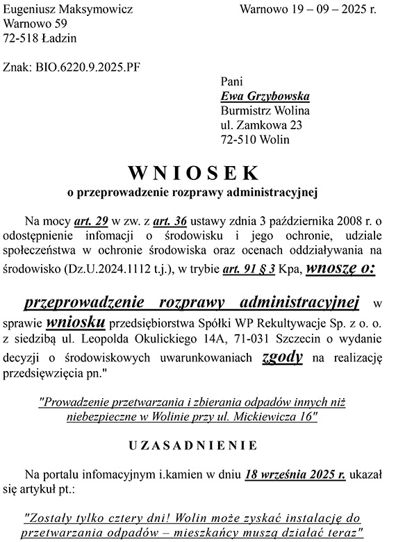 UWAGA: Mieszkacy Wolina daj rozprawy administracyjnej w sprawie instalacji odpadw przy ul. Mickiewicza