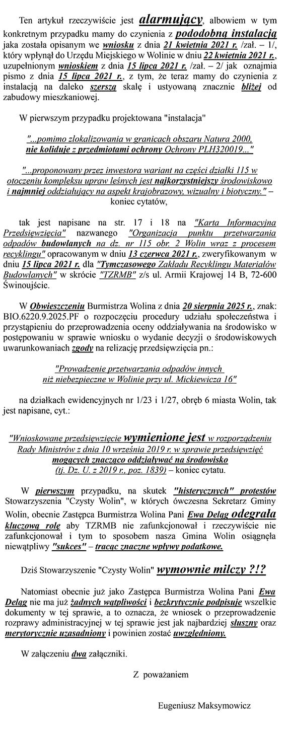 UWAGA: Mieszkacy Wolina daj rozprawy administracyjnej w sprawie instalacji odpadw przy ul. Mickiewicza