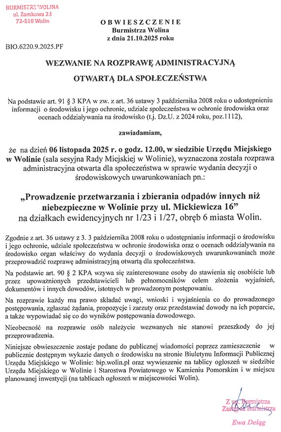 Bdzie rozprawa administracyjna w sprawie odpadw przy ul. Mickiewicza 16 w Wolinie