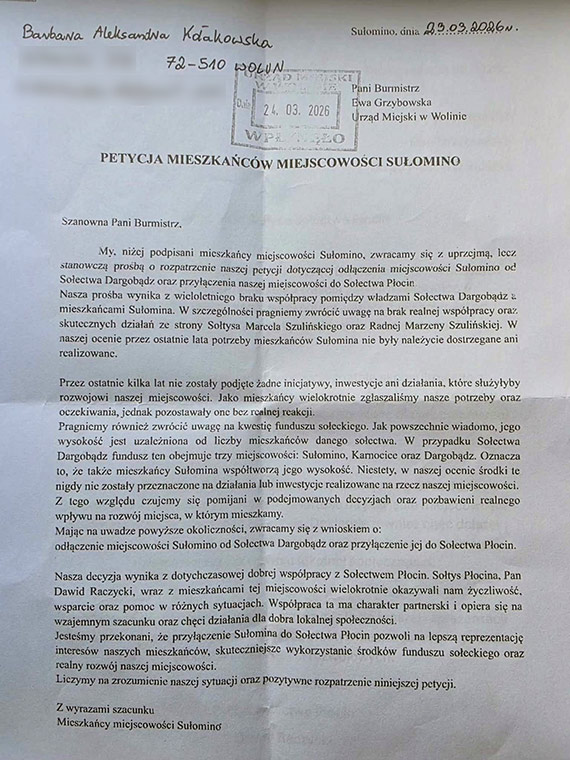 Mieszka�cy Su�omina chc� zmian. ��daj� przy��czenia do so�ectwa P�ocin!