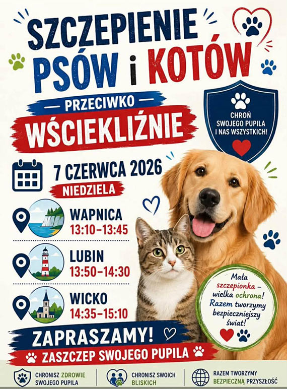 Szczepienia ps�w i kot�w przeciwko w�ciekli�nie. W niedziel� akcja w Wapnicy, Lubinie i Wicku