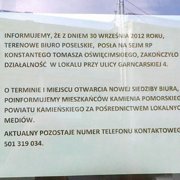 Kamień Pomorski: Poseł Oświęcimski zamknął biuro poselskie