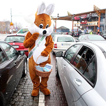 Wielkanocny zaj�c wita� przyje�d�aj�cych do �winouj�cia